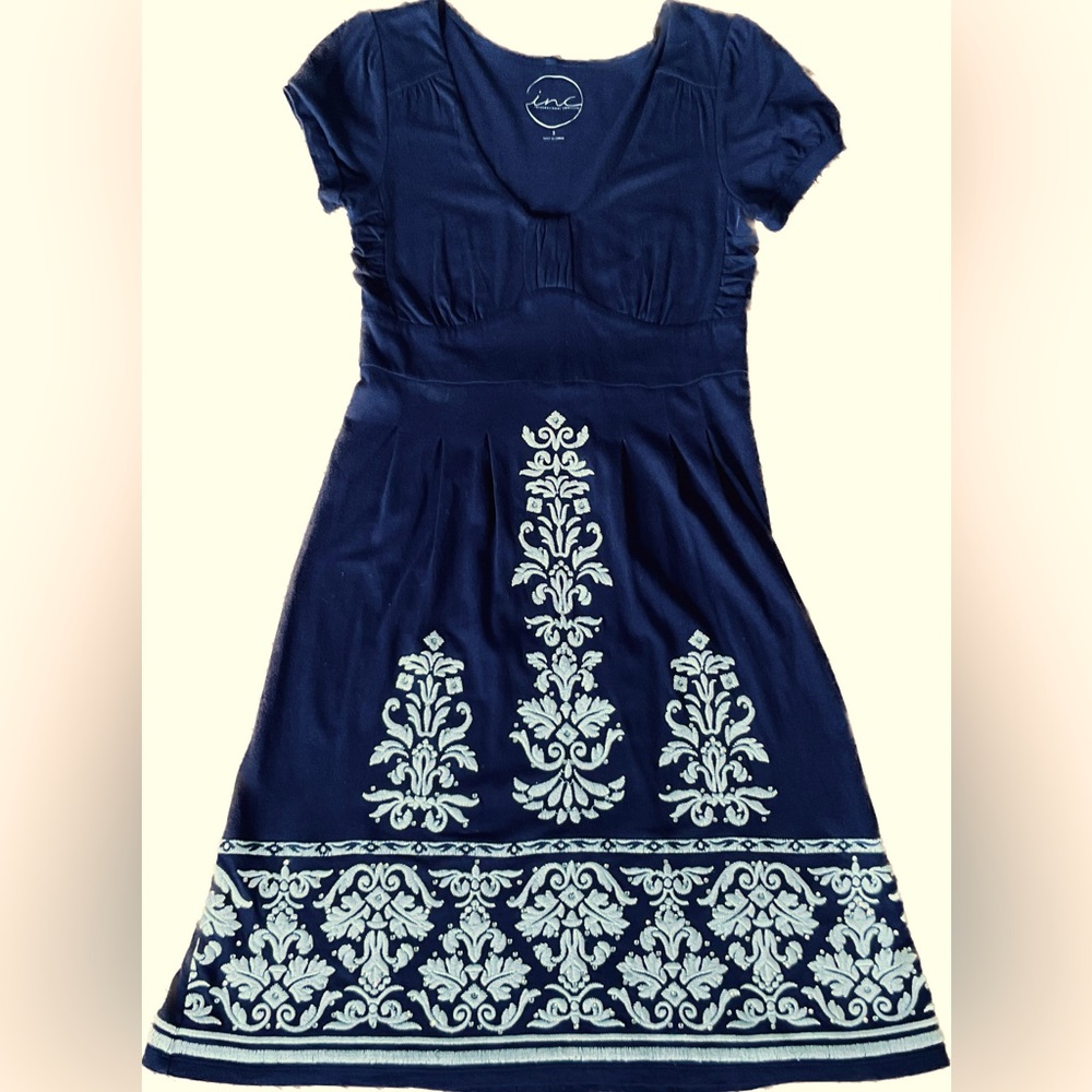 Inc Navy Dress with Embroidered Cream Design V-neck and A-line Skirt Siz…
